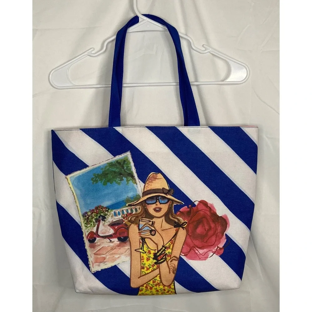 Lancôme Paris Blue White Striped Tote Bag Beach Travel‎ Shopper Graphic
